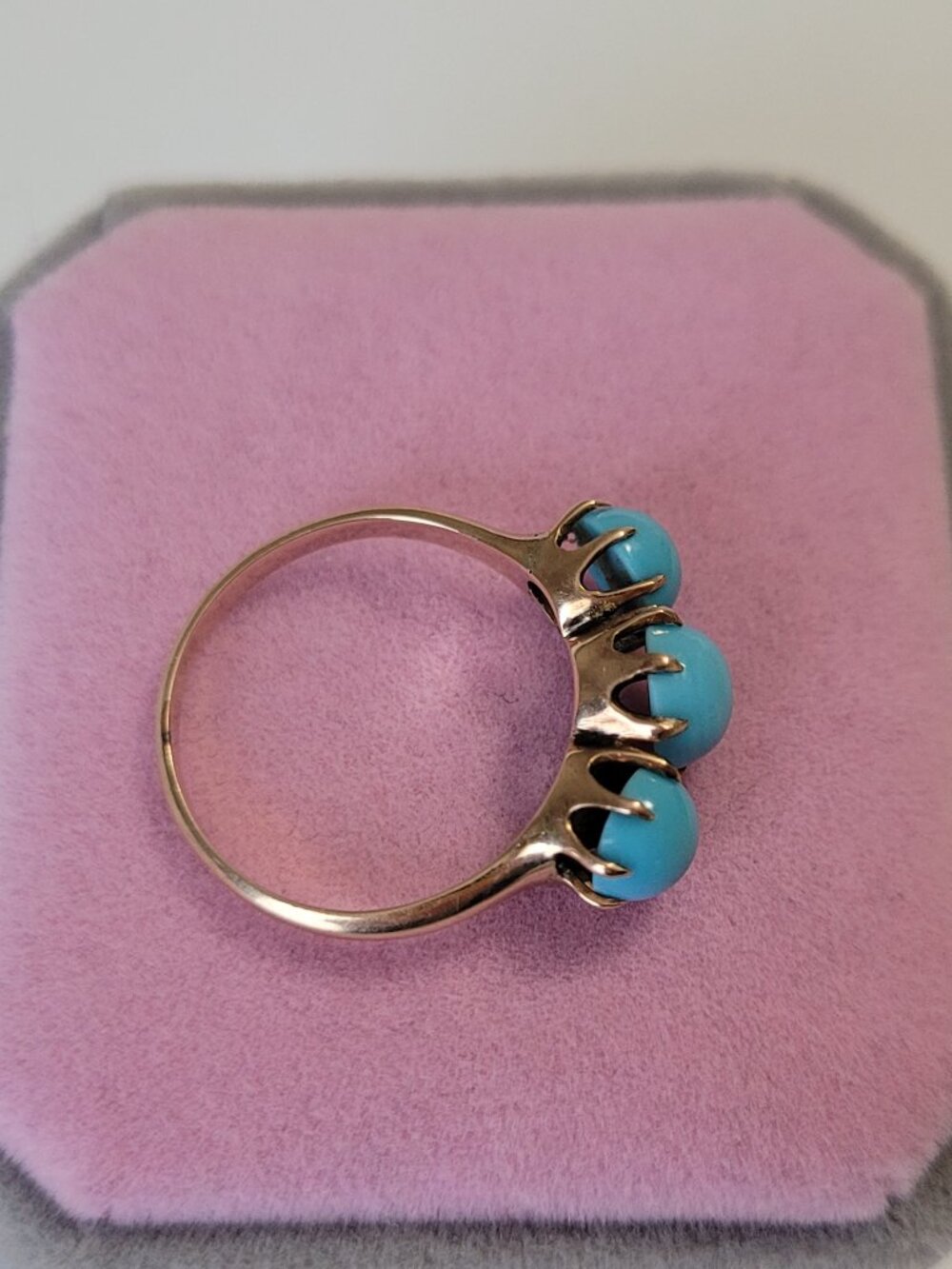 Turquoise Antique Gold Ring Victorian 3 Blue Stones 10k December Birthstone - Picture 10 of 16